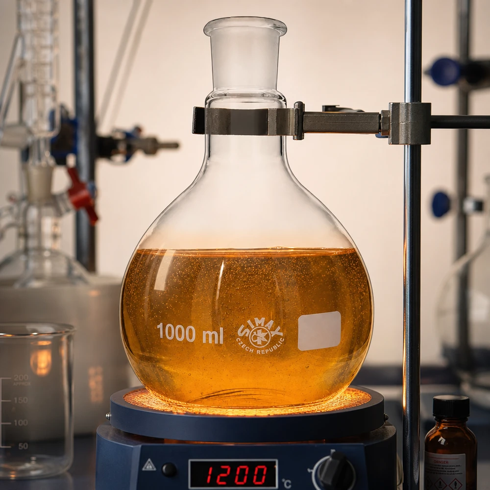 Verwarmde glazen kolf 1000ml met honingkleurige substantie en digitale temperatuurweergave 120°C