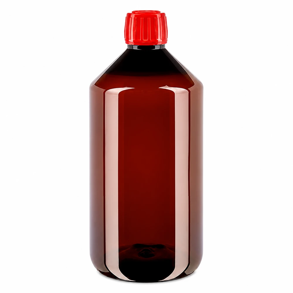 PET fles 750ml met rode verzegelstop Bruine voorraadfles van 750 ml van PET met rode verzegeling voor vloeistoffen