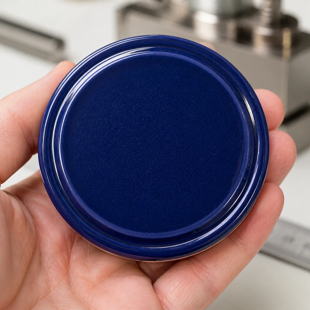 82 mm BasicSeal-deksel blauw (TO82) UNiTWIST Handpalm met blauwe 82 mm twist-off-dop TO82 Vergelijking van afmetingen UNiTWIST