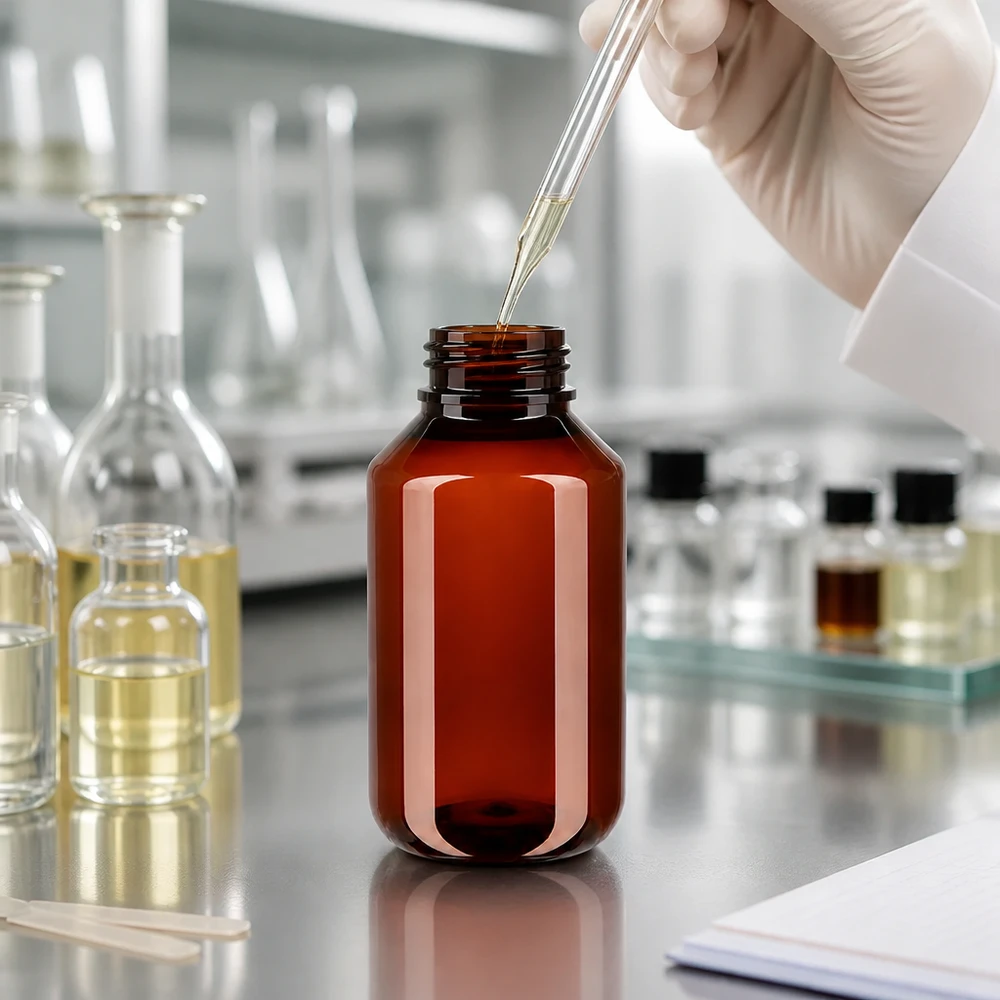 PET fles 50ml met witte verzegelstop, geribbeld Iemand met handschoenen aan vult in een onderzoekslaboratorium een bruine plastic fles met een pipet
