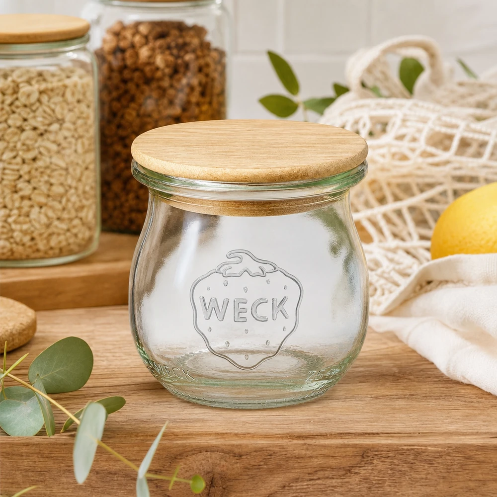 WECK tulpenpot 75ml RR40 leeg met houten deksel in duurzame keuken tussen voorraadpotten en boodschappennetjes