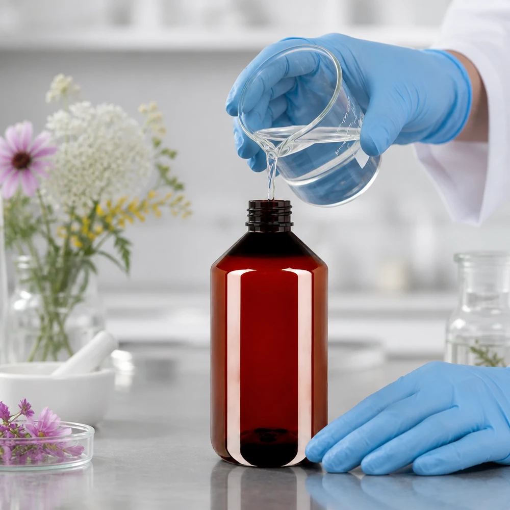 Het vullen van een PET-fles van 750 ml met OV-sluiting in een farmaceutisch laboratorium