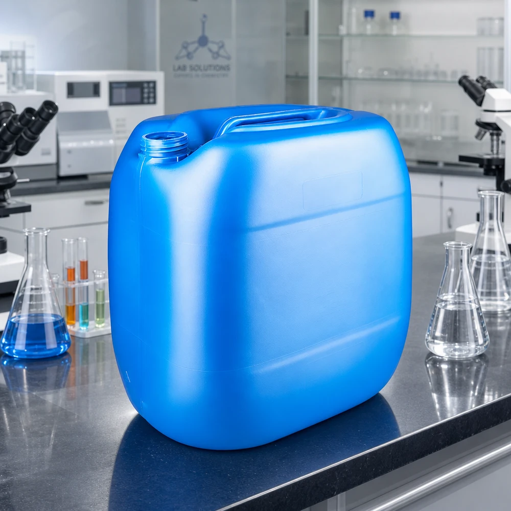Blauwe HDPE-kan van 30 liter zonder deksel, staand in een professionele laboratoriumomgeving