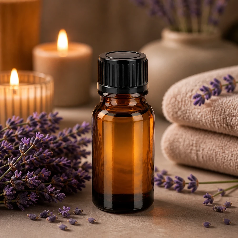 Compact bruin flesje van 10 ml met gegroefde zwarte dop, ideaal voor essentiële oliën