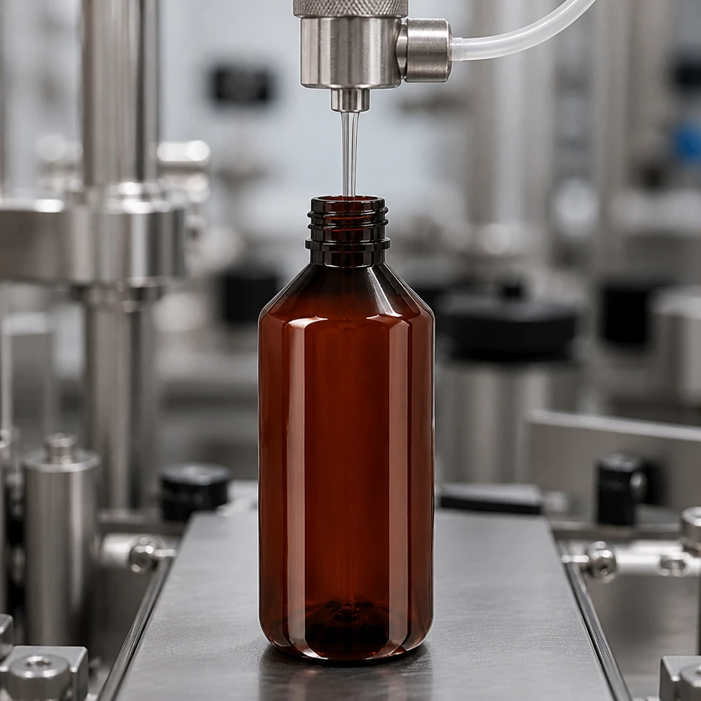 Lichtbestendige PET-fles van 1000 ml, bruin, in een geautomatiseerd afvulstation van een farmaceutisch bedrijf