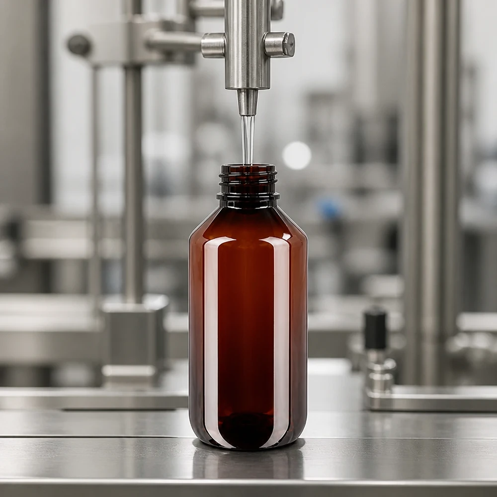 Steriele afvulmachine met naaldspuitmond en bruine PET-fles van 200 ml in een GMP-omgeving