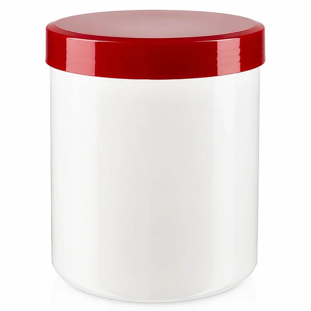Zalfpot 150 g wit met rood schroefdeksel (PP) Zalfpotje van 150 gram, wit potje met brede opening en rode schroefdop van PP-materiaal