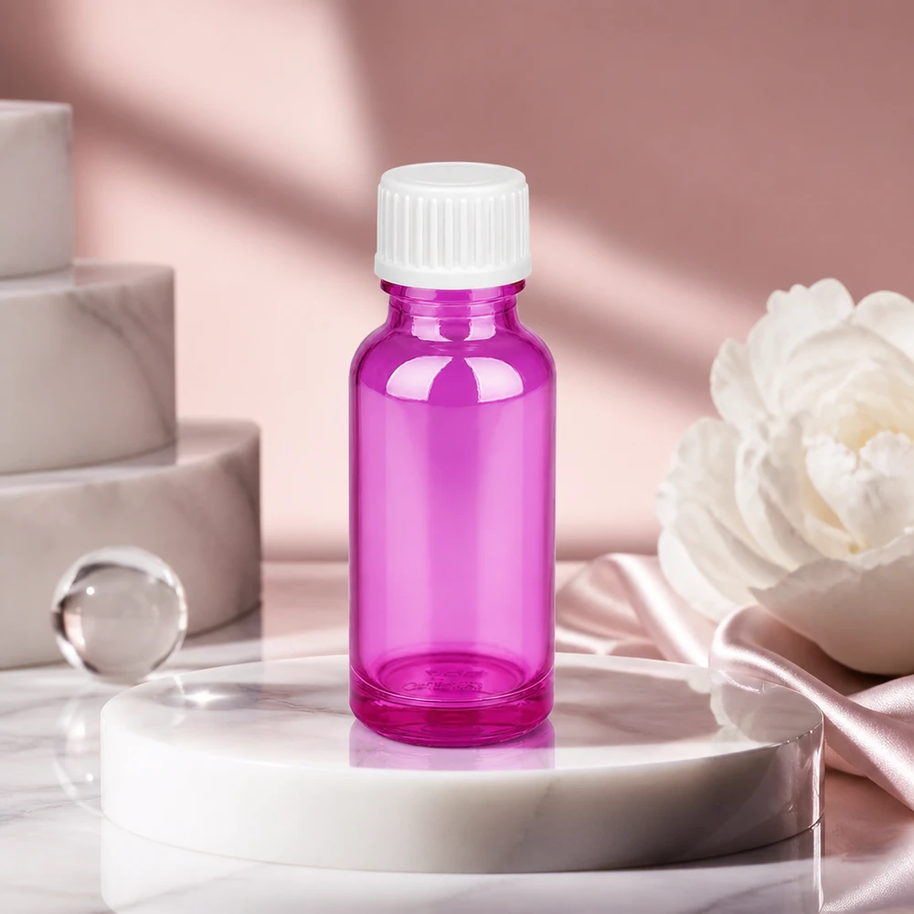 20ml druppelfles 0.9mm wit standaard PurpleLine. UT18/20 Elegante paarse druppelflacon van 20 ml met een slanke vorm voor een stijlvolle productpresentatie