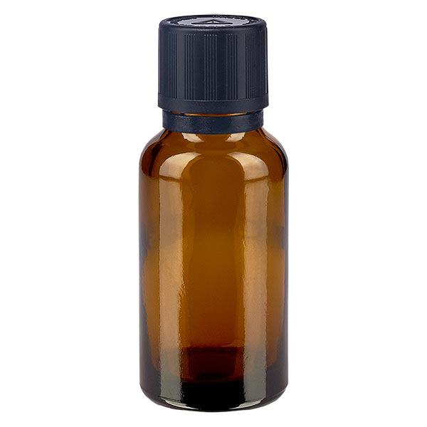 Apothekersflesje bruin 20ml druppeldop Pr. 1mm zwart Kindveilige verzegelstop Apothekersflesje bruin 20ml druppeldop Pr. 1mm zwart Kindveilige verzegelstop