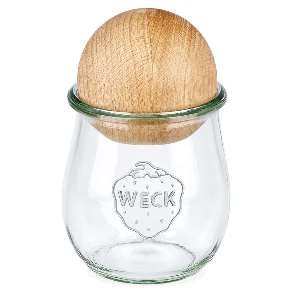 220ml tulpenglas WECK RR60 met houten bal WECK tulpenpot 220ml RR60 met natuurlijk beuken bol deksel, heldere inmaakpot met houten deksel