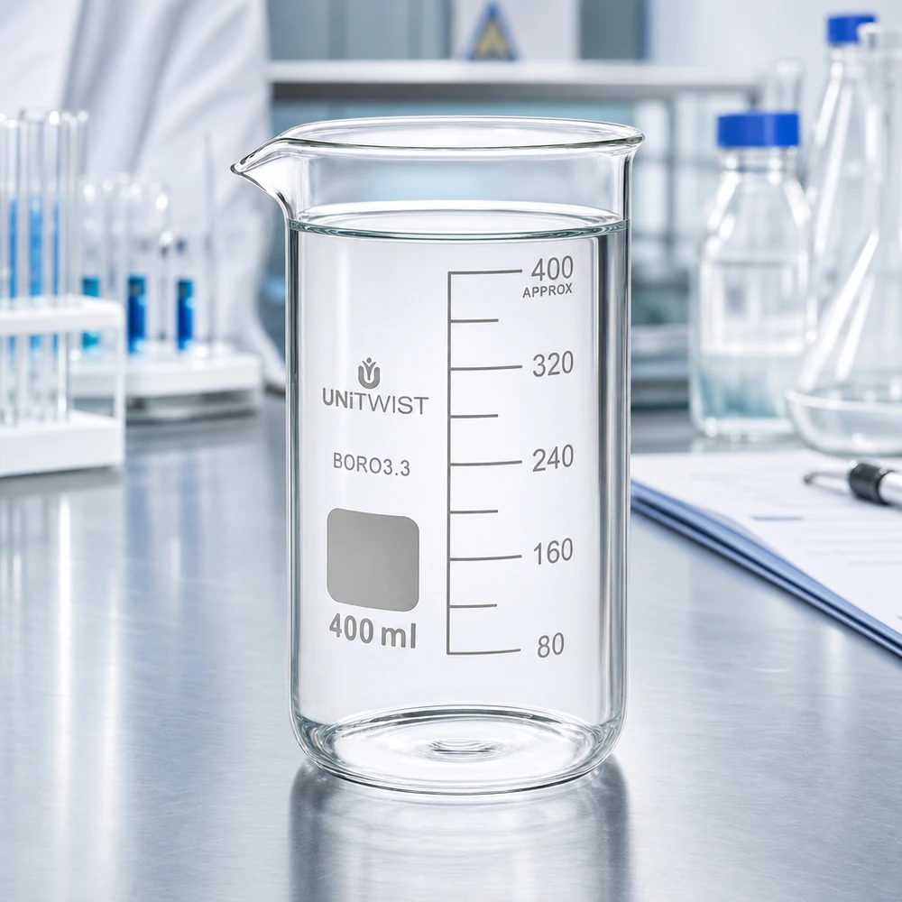 Doorzichtig, cilindrisch bekerglas van 400 ml, van borosilicaatglas, met hoge vorm, voor chemische laboratoriumproeven