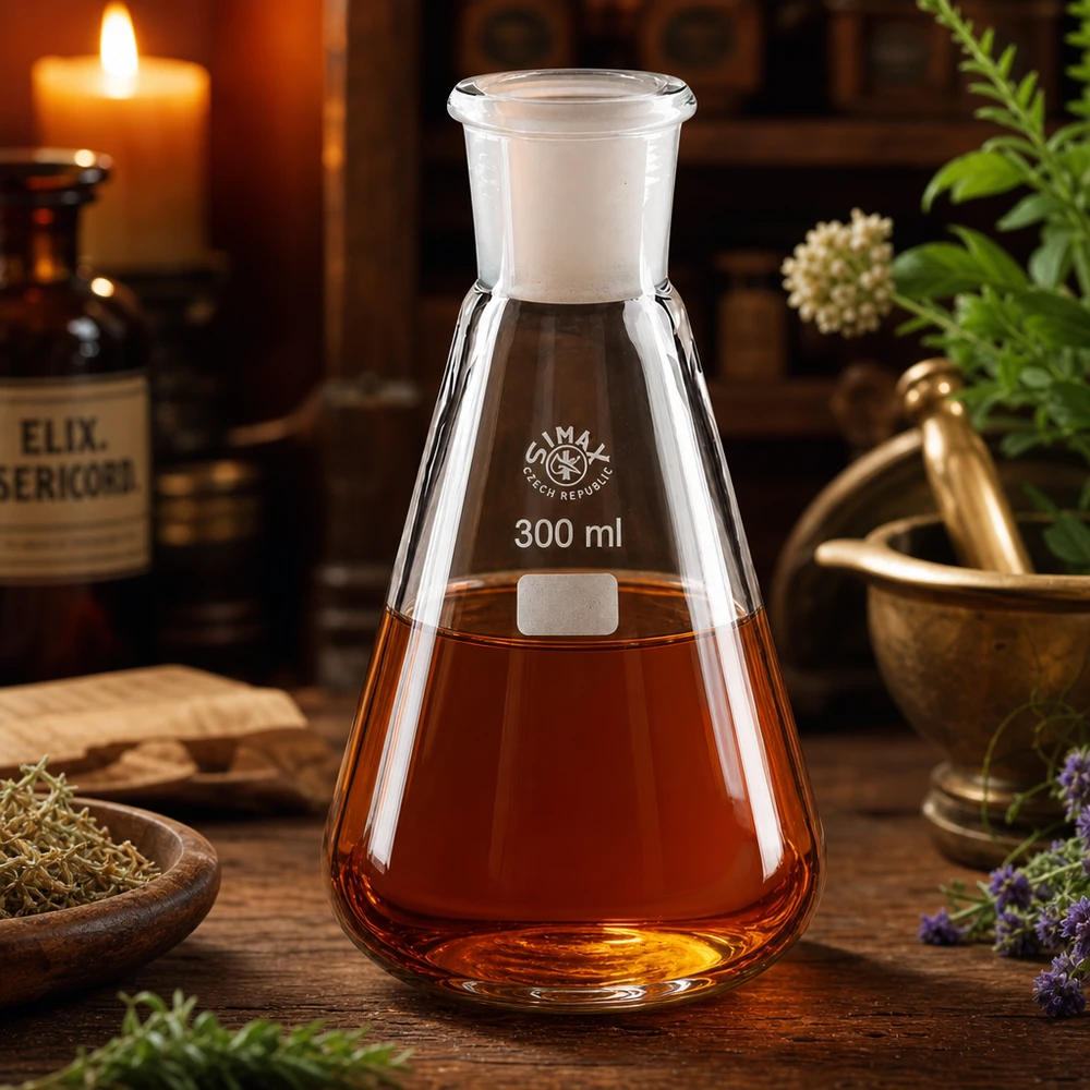Erlenmeyer van 300 ml met standaardafsnijding 29/32 gevuld met een roodbruine stof in een atmosferische omgeving