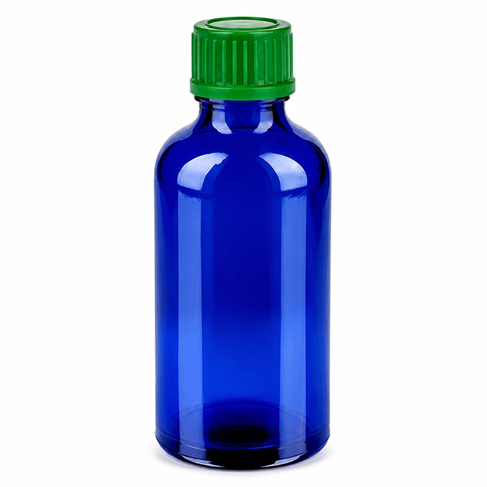 50ml apothekersfles blauw met groene veiligheidsdop voor vloeibare bereidingen