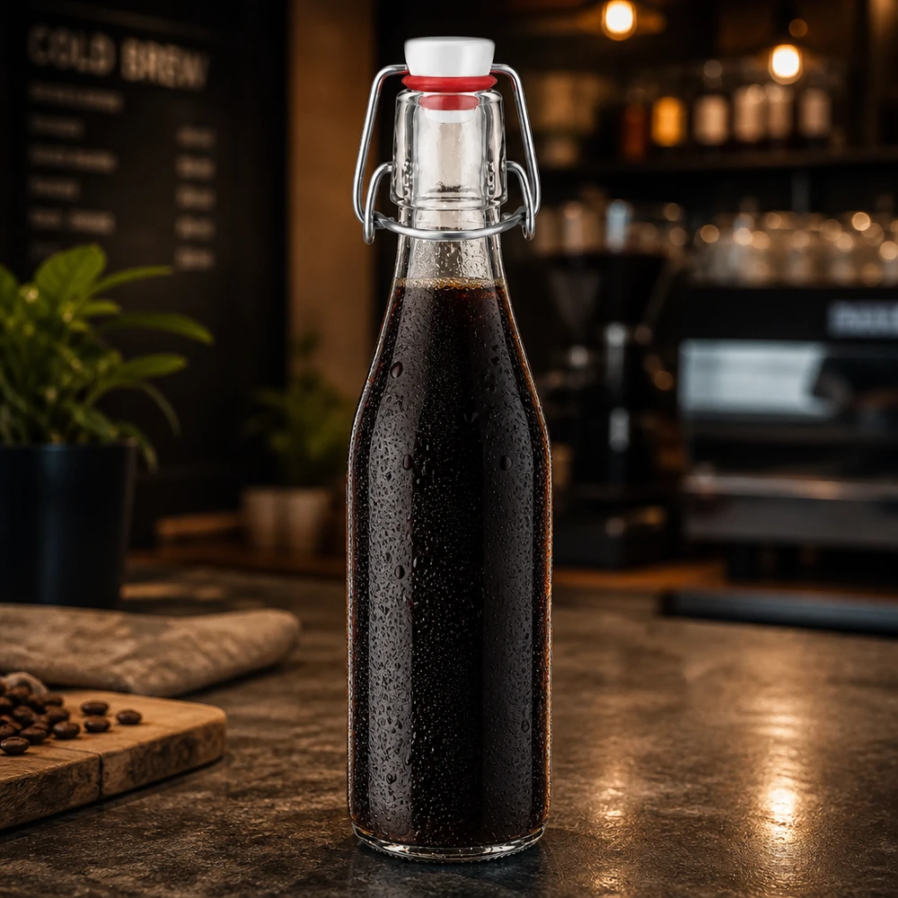 Glazen fles 250 ml + draaidop PVC UNiTWIST 250ml Glasflasche mit dunklem Getränk gefüllt, Bügelverschluss PVC UNiTWIST, stilvolle Küchendeko auf Holztisch