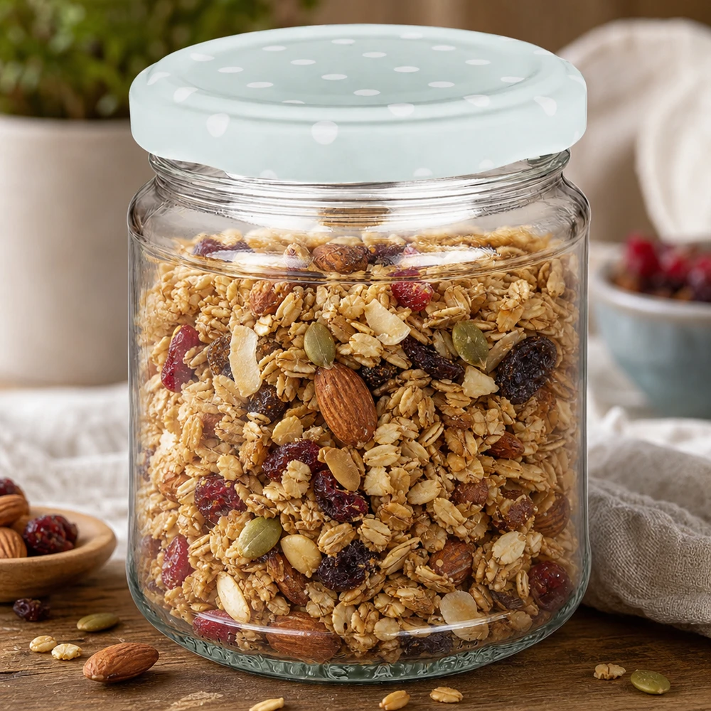 Ronde pot 212 ml + deksel BasicSeal mint stippen UNiTWIST 212ml ronde pot gevuld met muesli, mint BasicSeal stippen deksel, voorraadpot voor granola met noten en gedroogd fruit