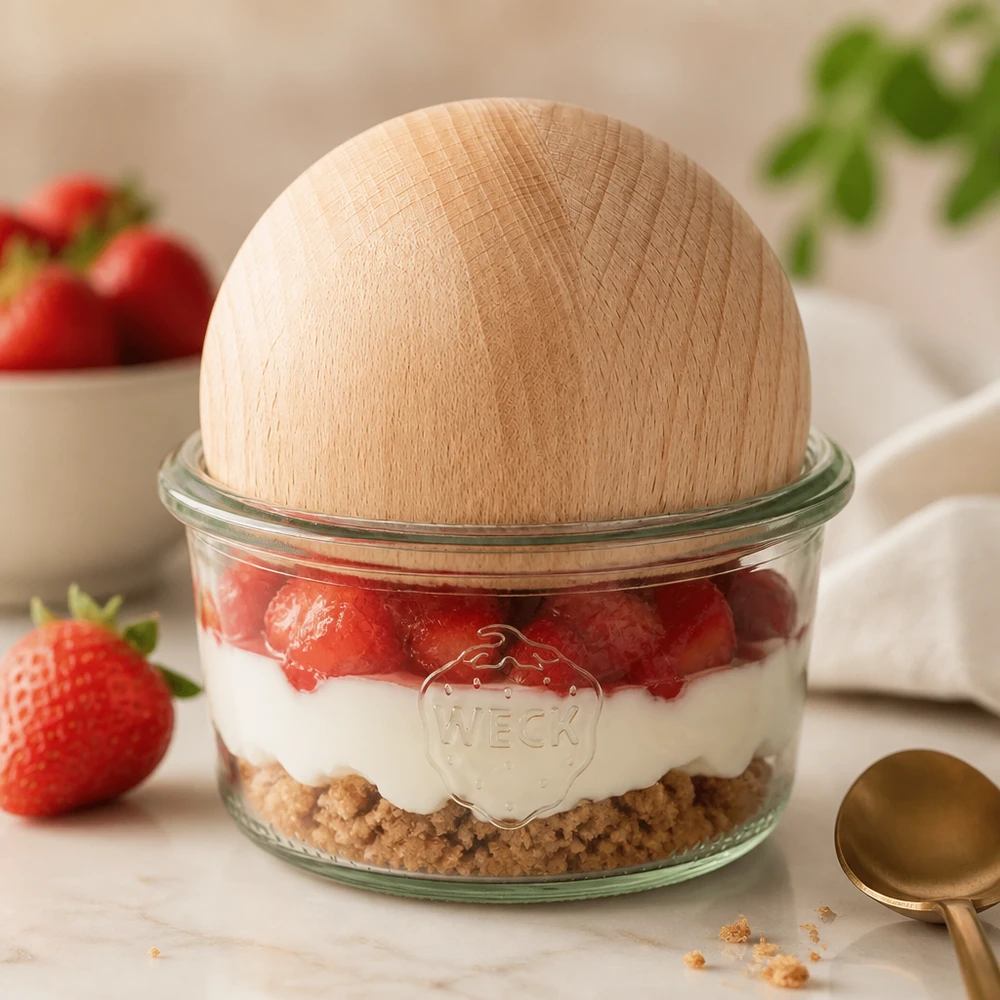 165ml stortglas WECK RR80 met houten bal WECK RR80 165ml beker met beukenhouten bol als dessertpot voor aardbeien gelaagd dessert op een marmeren bord