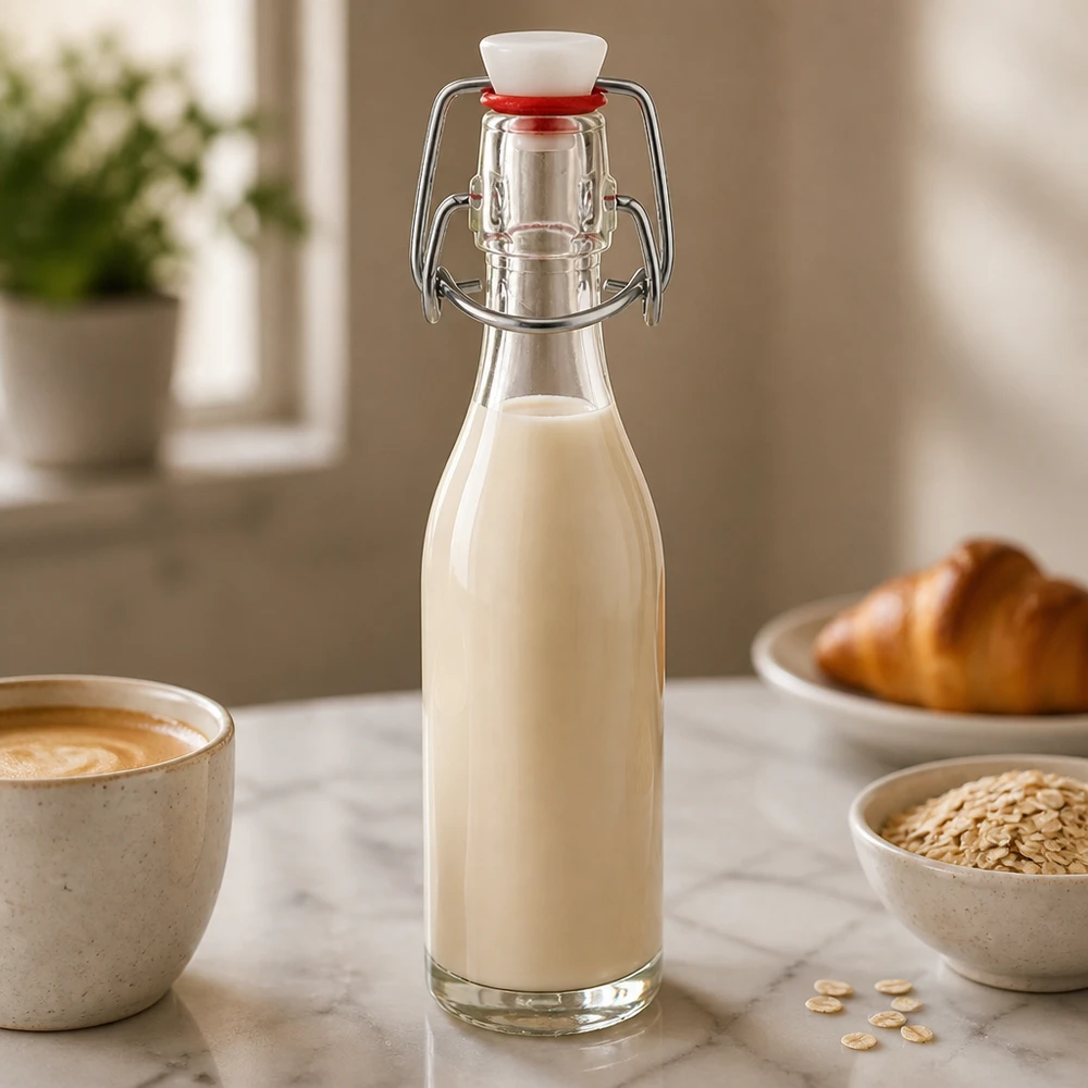 Glazen flesje 50ml + draaidop PVC UNiTWIST 50 ml glazen fles met draaidop gevuld met havermelk in een gezellige keuken naast een koffiekopje en havervlokken