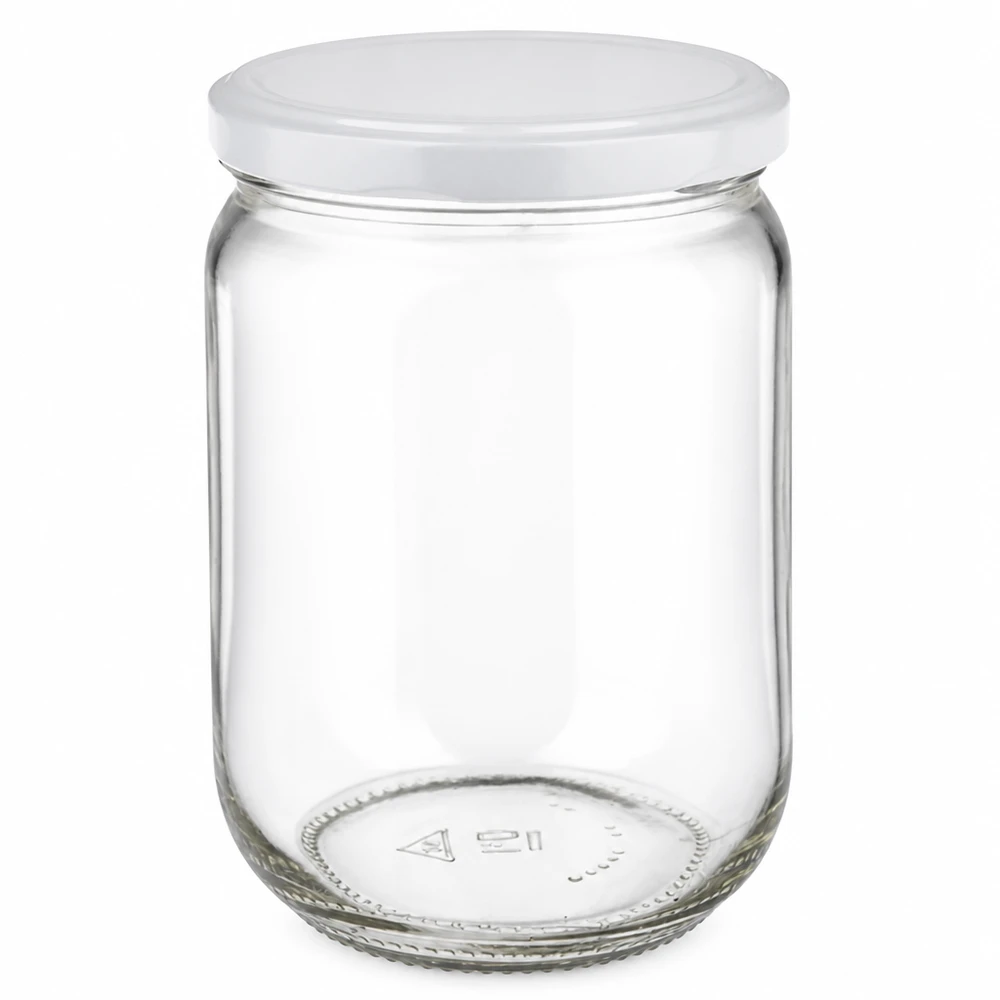 555 ml rond glas + BasicSeal-deksel wit UNiTWIST UNiTWIST ronde glazen pot van 555 ml, helder glas met een witte BasicSeal-deksel voor jam
