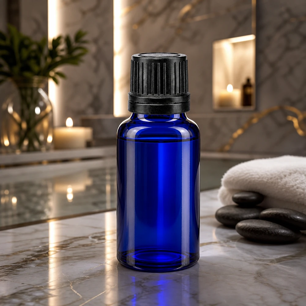 Blauwe glazen flessen 20ml met wit druppelsluiting 1mm VR Blauwe druppelfles van 20 ml, gemaakt van hoogwaardig ApoGlas, met zwarte buitenverpakking, naast massagestenen en een kaars