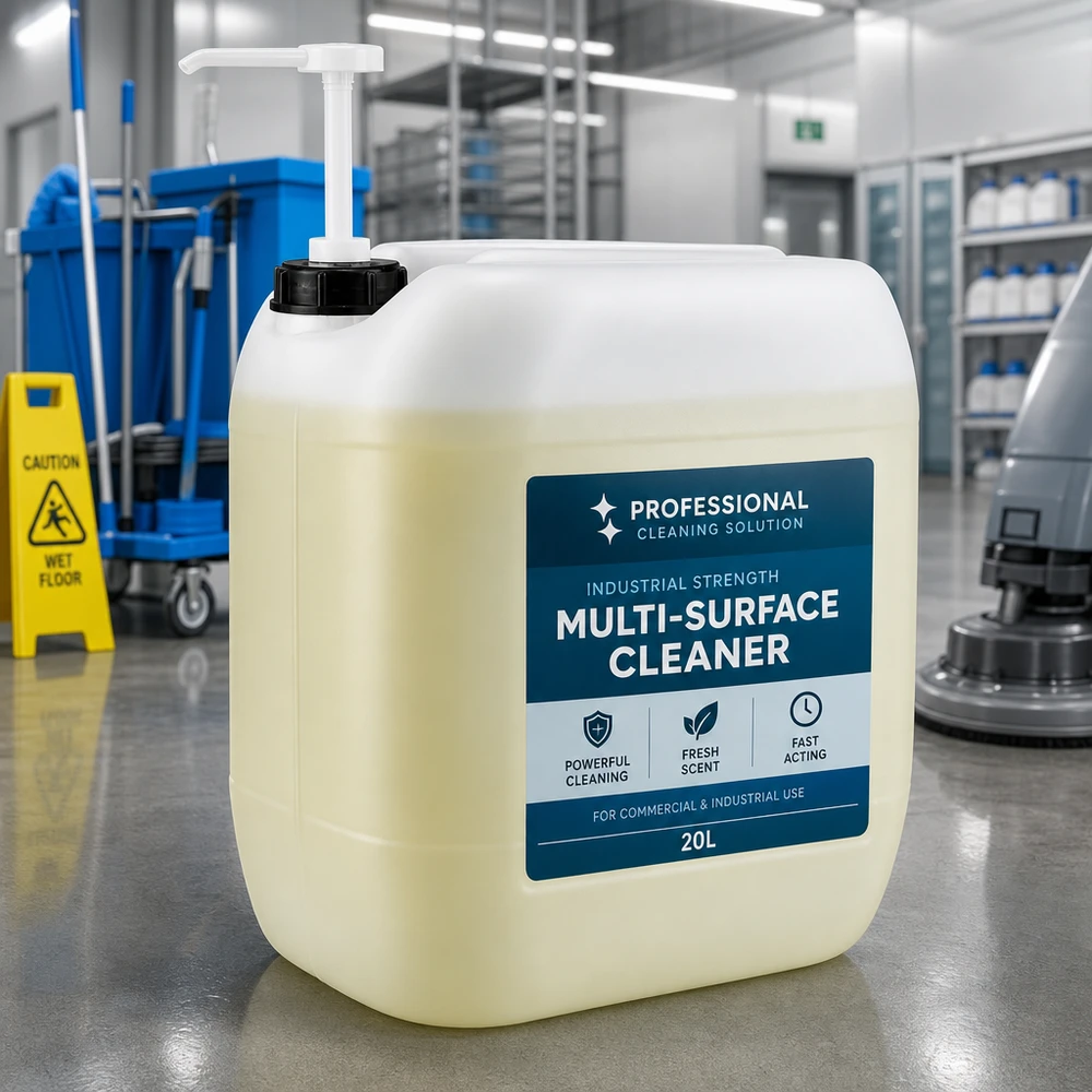 Voorraadjerrycan van 30 liter met witte pomp voor multifunctionele reinigingsmiddelen in een industriële omgeving