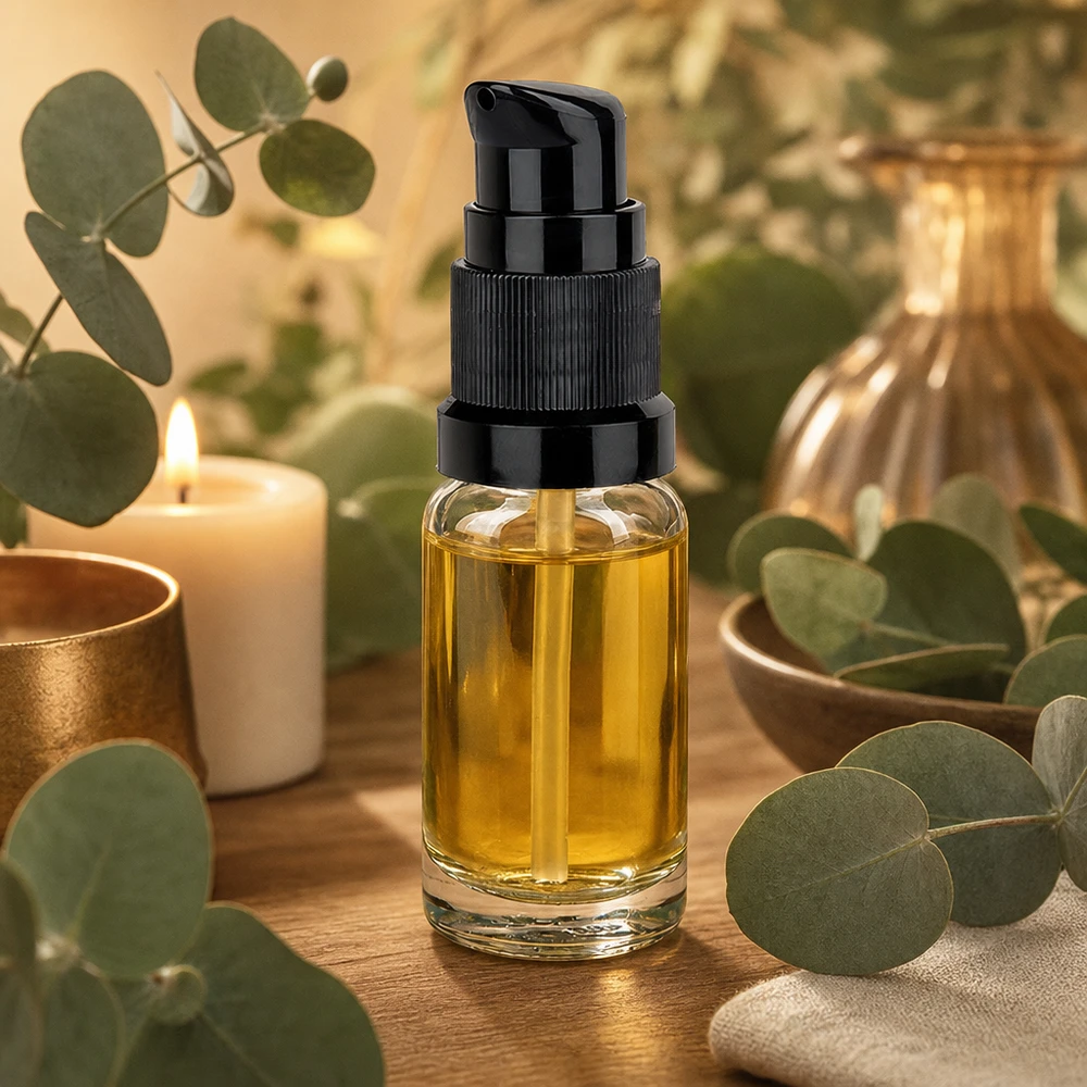 10ml pompflacon zwart STD ClearLine UT18/10 Doorzichtige pompfles van 10 ml UT18/10 met zwarte doseerdop voor etherische oliën