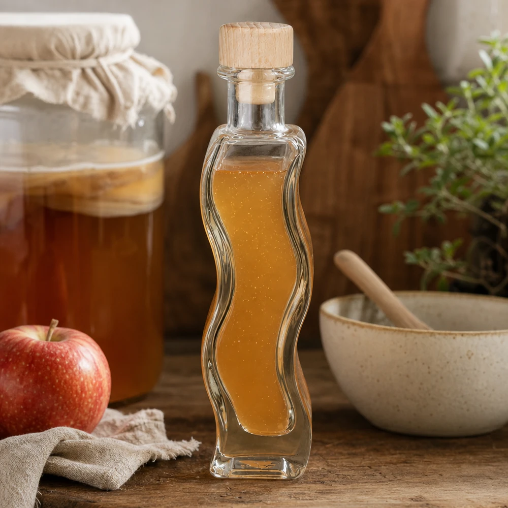 100 ml glazen fles Melissa met houten handgreepkurk UNiTWIST® 100ml Glasflasche Melissa mit Apfelessig befüllt neben rotem Apfel Mörser Küchenszenerie Holzkorken natürlich