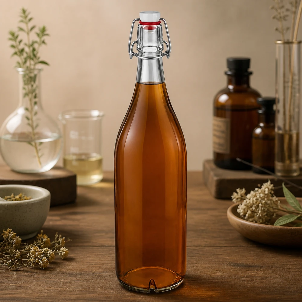 1000ml glazen fles swing top PVC amberkleurig gevuld met kruidenthee natuurlijke decoratie houten tafel