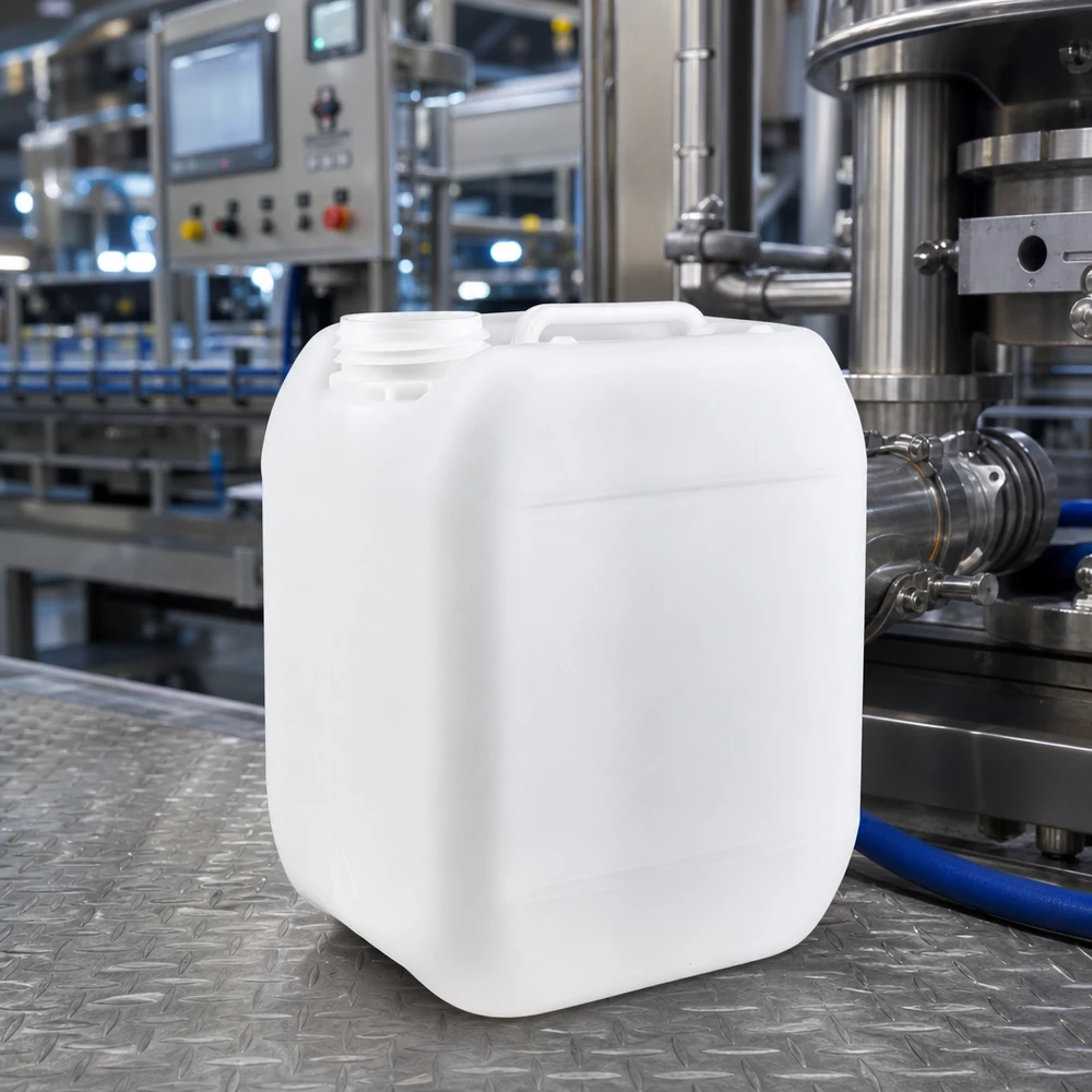 Stevige lege jerrycan van 5 liter zonder sluiting in een moderne afvulinstallatie