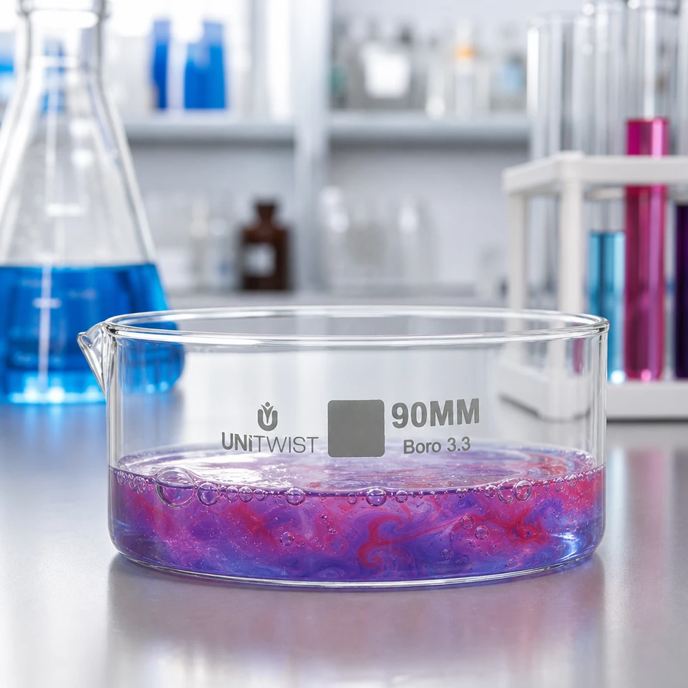 Lage glazen schaal 90 mm met wervelende kleurreactie UNiTWIST Boro 3.3 laboratoriumglaswerk