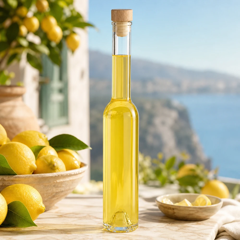 200 ml glazen fles Hugo met houten handgreepkurk UNiTWIST® 200ml Glasflasche Hugo gefüllt mit gelbem Öl auf mediteraner Terrasse mit Zitronen - stilvolle Dekoflasche