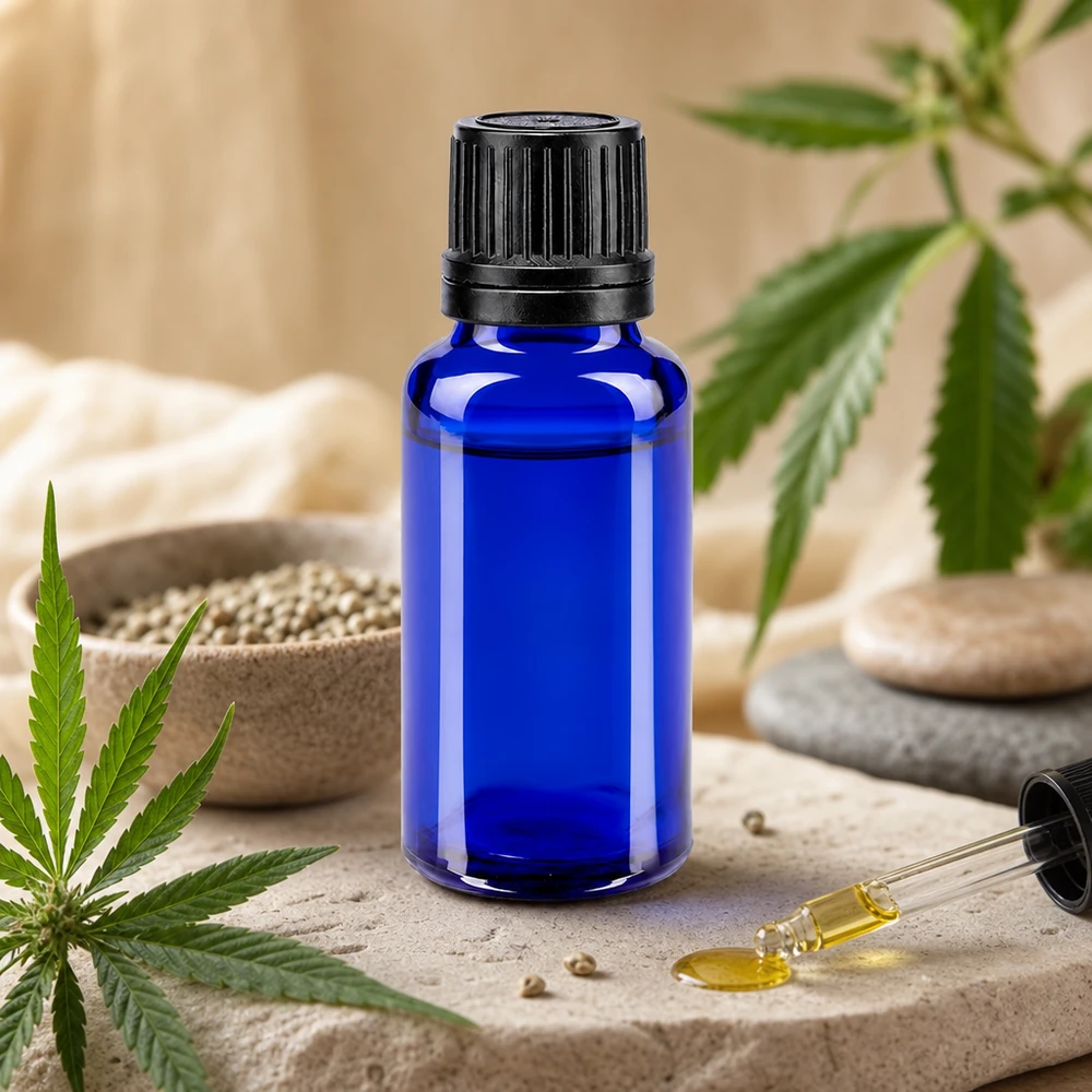 Kobaltblauw glazen flesje van 20 ml met een fijne druppelopening van 0,9 mm voor etherische oliën en tincturen