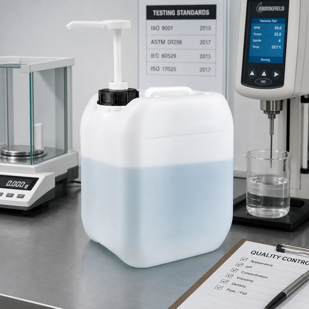 Stevige jerrycan van 5 liter met zwarte schroefdop en pomp, getest volgens de ASTM-norm in het laboratorium
