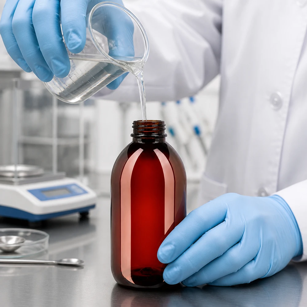 Nauwkeurig afvullen van een waterige oplossing in een bruine PET-fles van 250 ml met originele dop