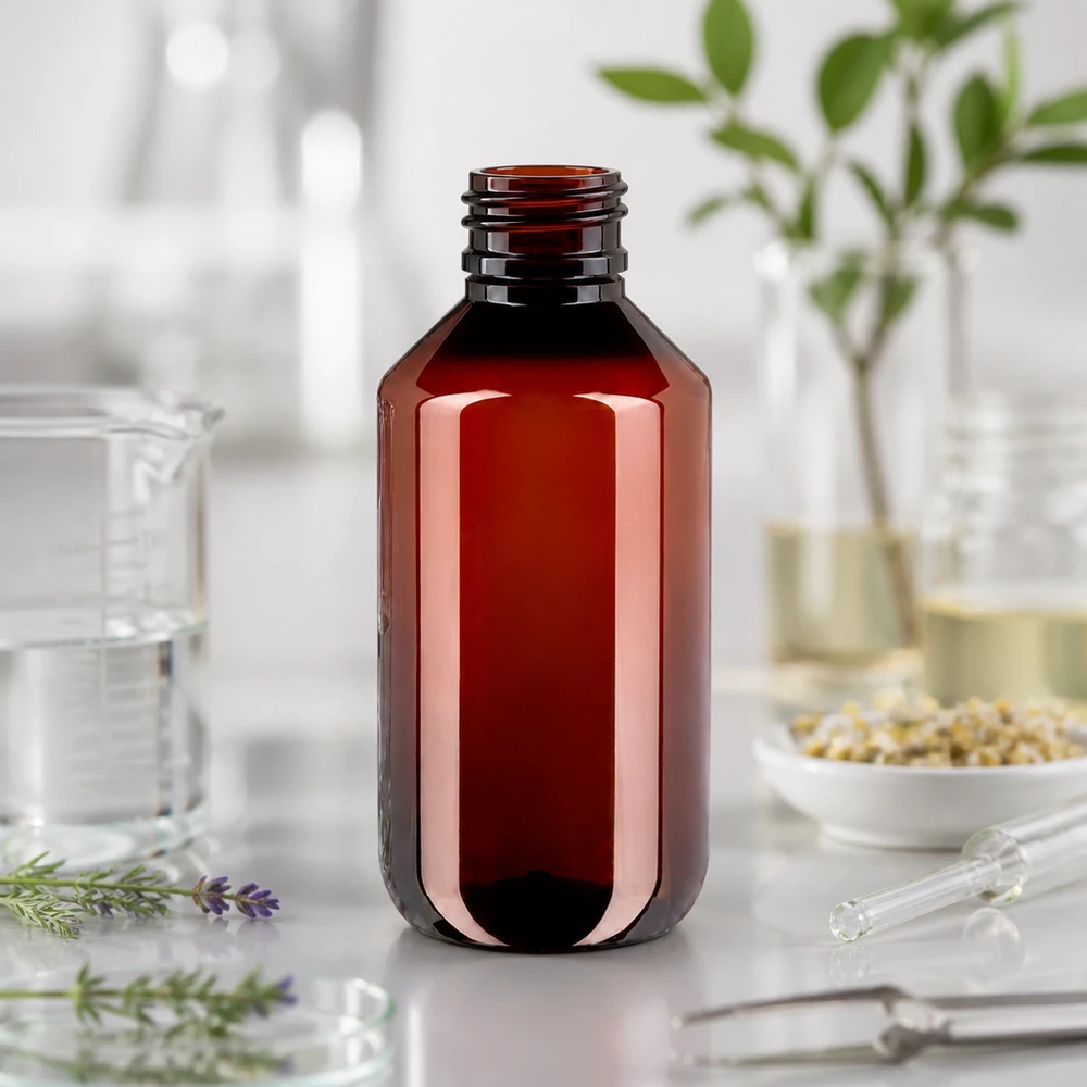 Lichtbestendige fles van 200 ml van bruin PET met een cilindrische vorm voor farmaceutische toepassingen
