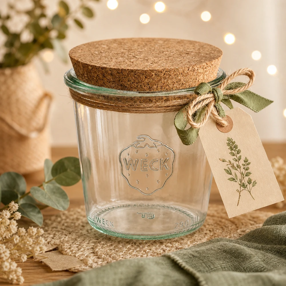 WECK bekers 290ml RR80 decoratief geënsceneerd met kurken deksel, cadeaulabel en groen lint op houten tafel