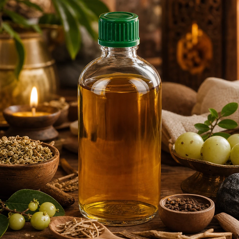 100ml fles 11mm SV groen STD ClearLine UT18/100 Ayurvedische kruidenolie in een ClearLine-flesje van 100 ml (UT18/100) met een groene dop van 11 mm SV