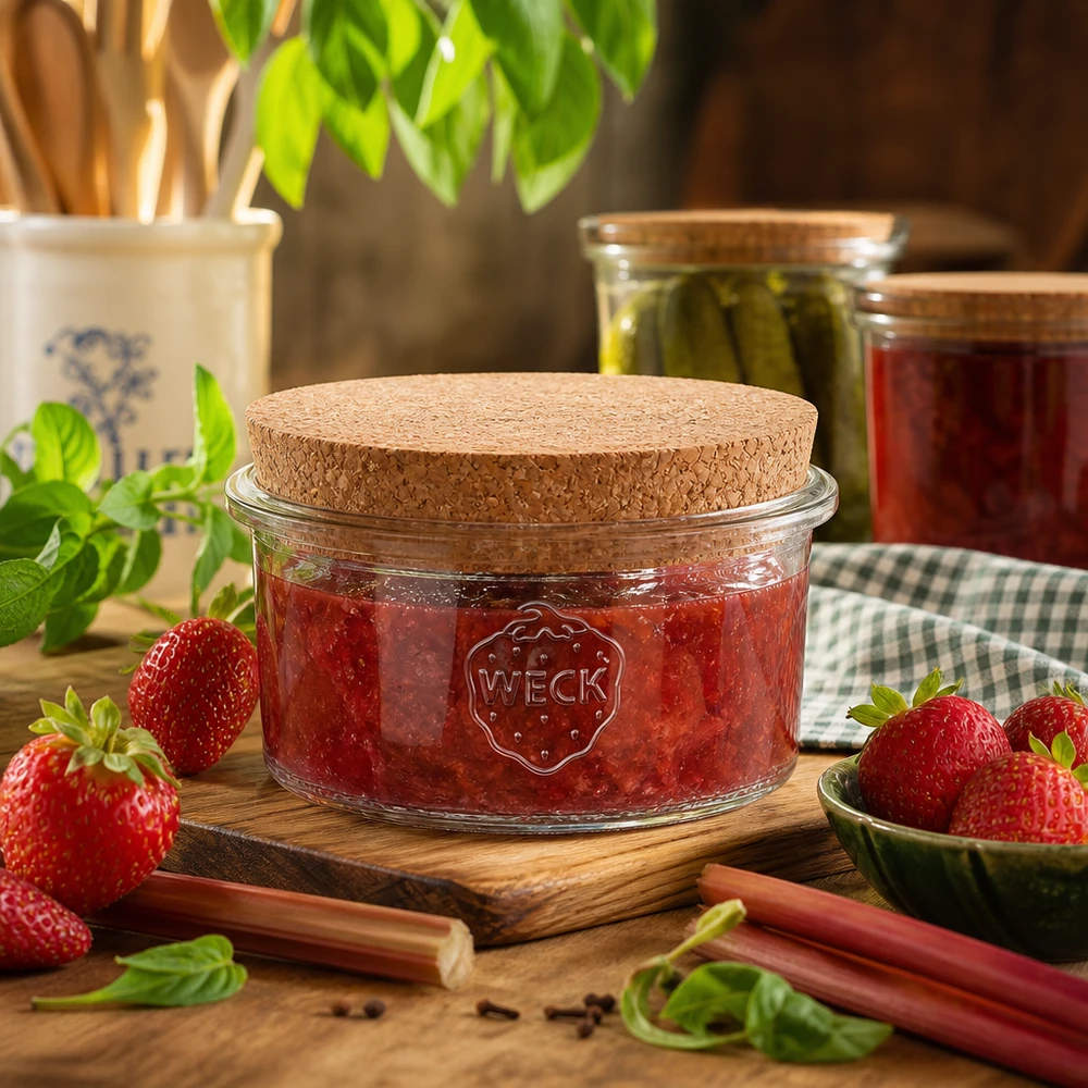 WECK inmaakpot 165ml RR80 gevuld met aardbeienjam Kurkdeksel Keukendecoratie Voorraadpot