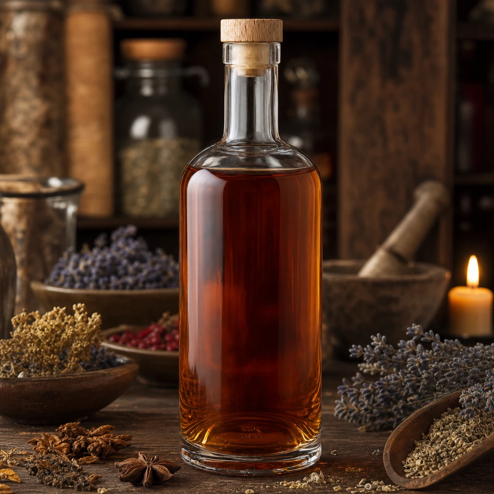 750 ml glazen fles Emma met houten kurk, gevuld met amberkleurige vloeistof in een rustieke kruiden- en specerijensfeer