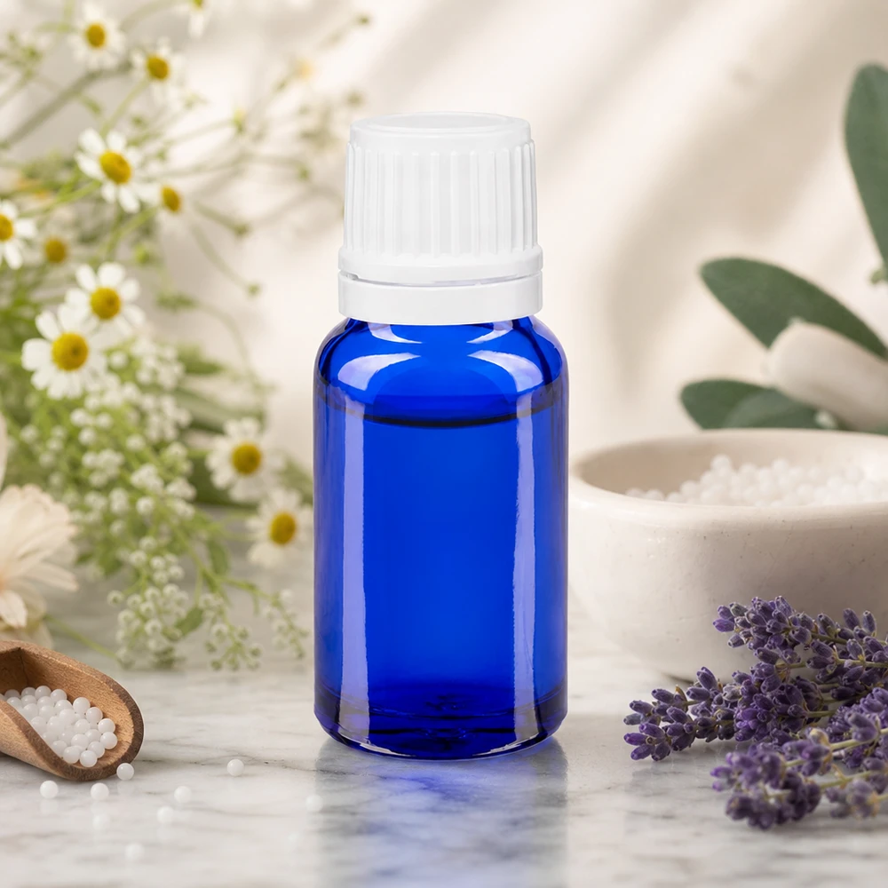 Blauwe apothekersglasfles van 10 ml met een 11 mm-zegel voor oliën en tincturen