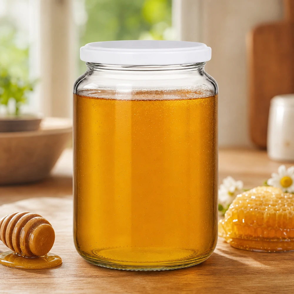 382ml UNiTWIST Rundglas mit weißem BasicSeal Deckel gefüllt mit goldenem Honig neben Honiglöffel und Waben