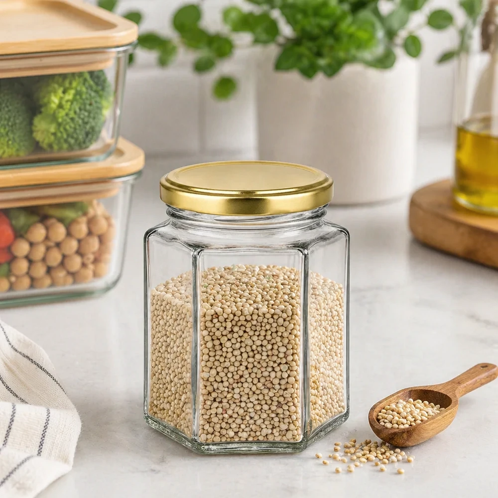 Zeshoekige honingpot van 250 g met gouden deksel gevuld met zaden in een moderne keuken als voorraadpot