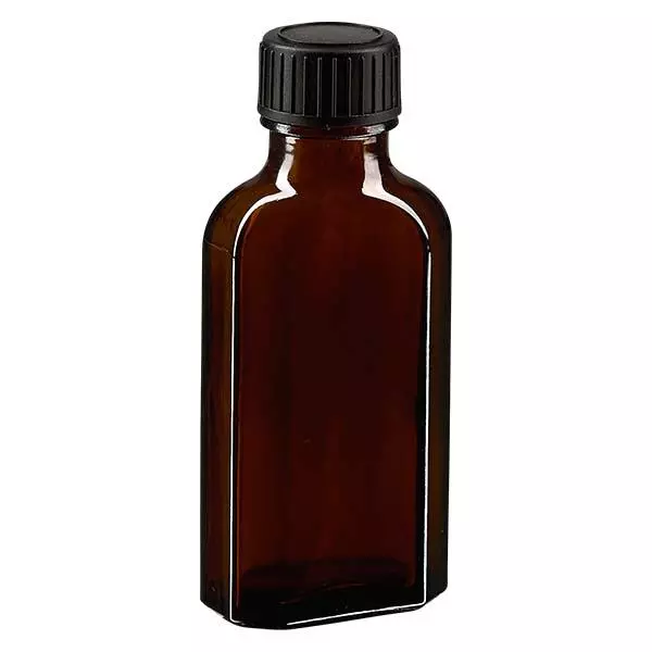 50 ml bruine meplatfles met DIN 22 monding, inclusief schroefsluiting DIN 22 zwart van EPE