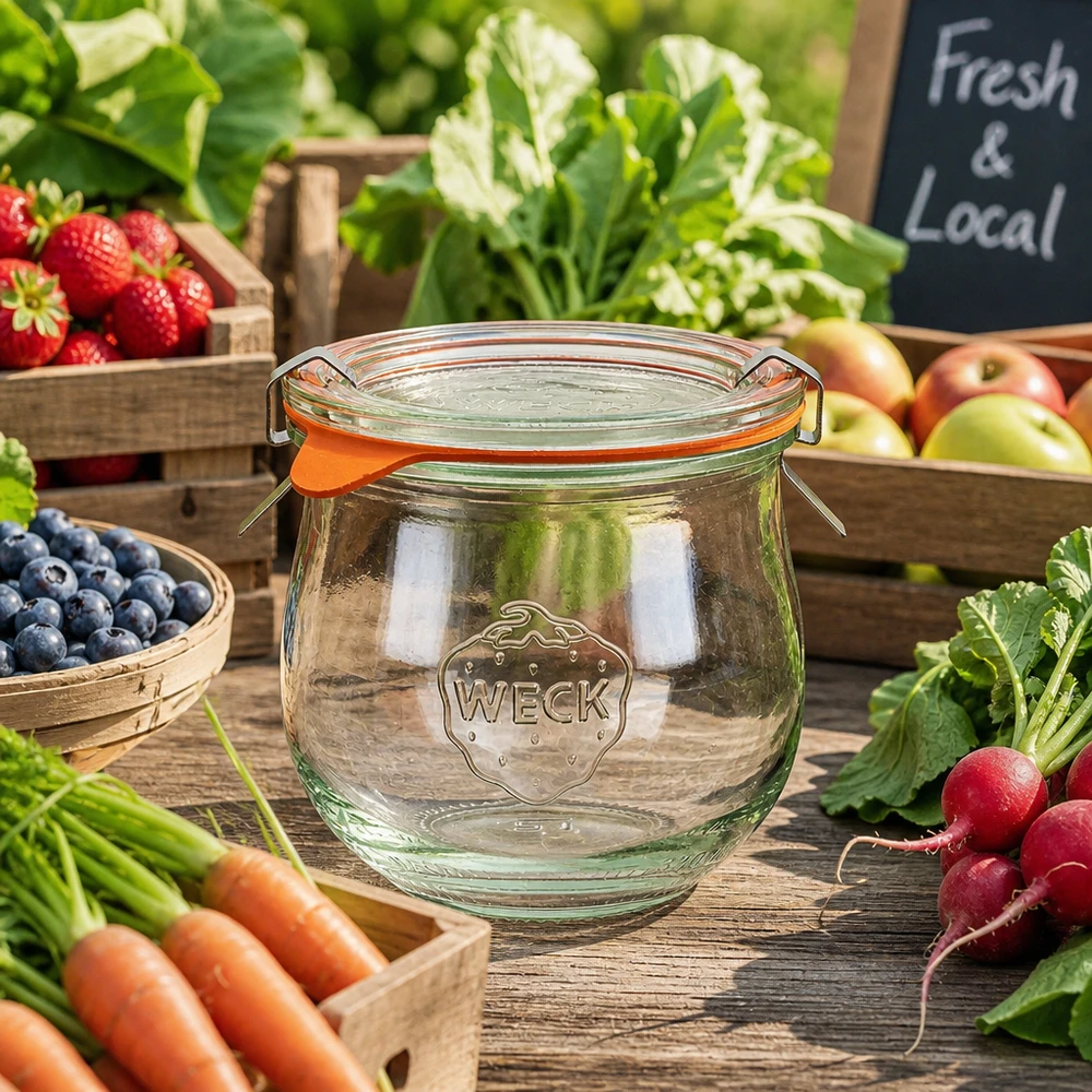 WECK tulpenpot 370ml RR80 op marktkraam met verse fruitgroenten en Local Fresh bord voor regionale producten