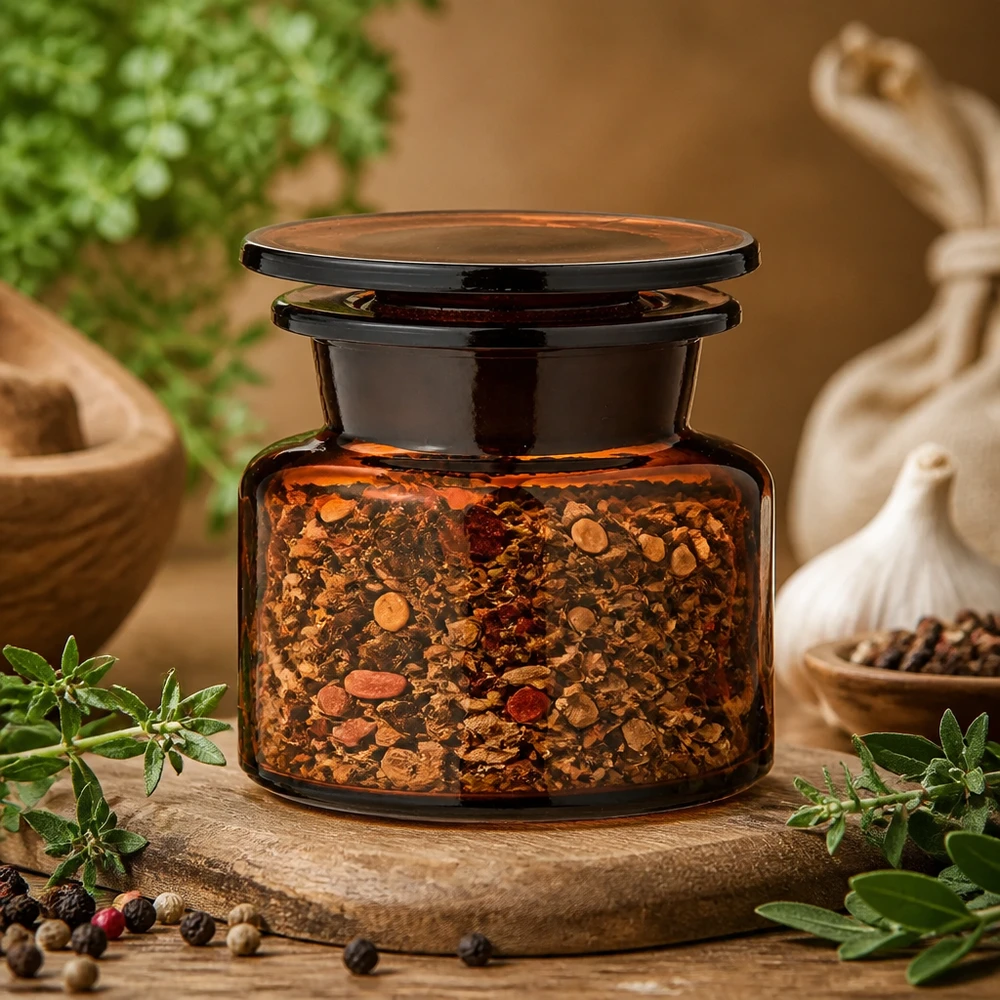 Idee voor een glazen kruidenpotje: Apothekersfles 50 ml wijde hals bruin glas incl. glazen stop Aromadichte bruine glazen bewaarflacon van 50 ml met brede hals voor gedroogde kruidenmengsels