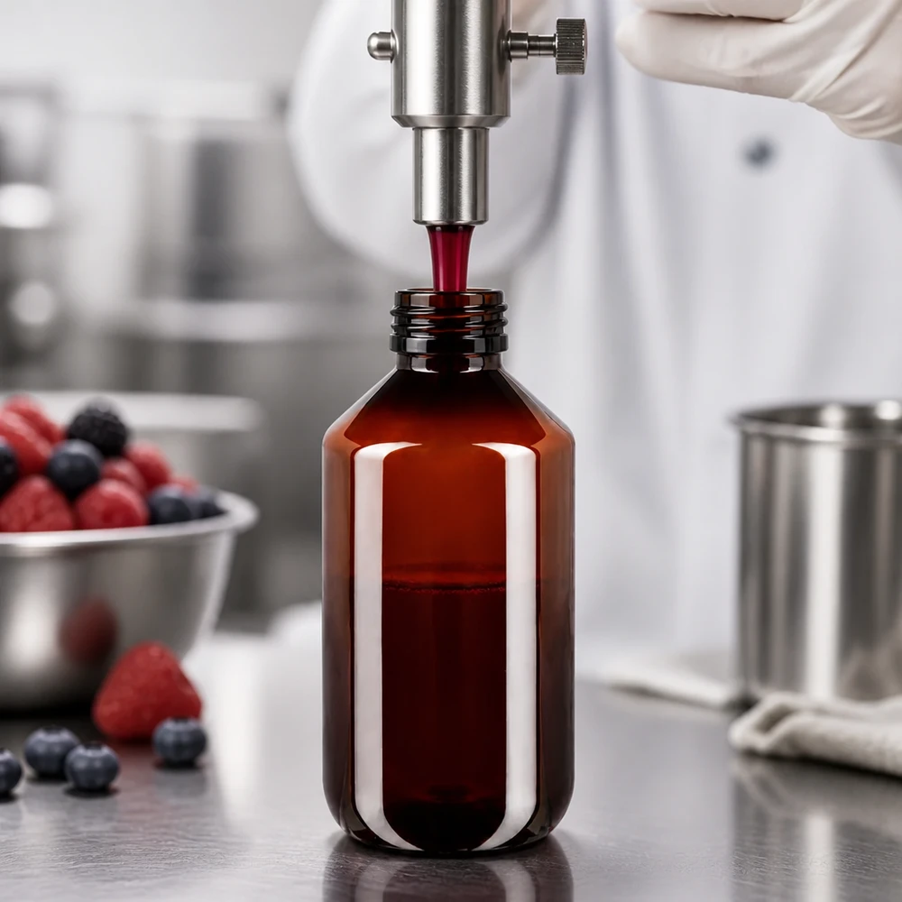 50 ml PET medicijnfles met verstuiver zwart GCMI 28/410 incl. dop transparant, standaard Bramen- en frambozenextract wordt automatisch afgevuld in bruine PET-flessen van 500 ml