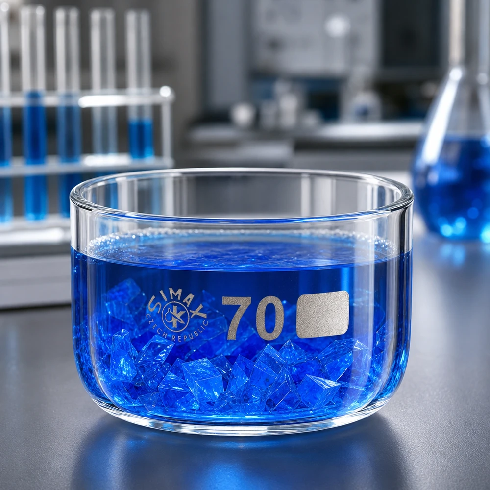 Kristalliseerschaal 100ml zonder schenktuit Simax-kristallisatieschaal 100 ml, Tsjechië, voorzien van markering, gevuld met een blauwe kristalzoutoplossing