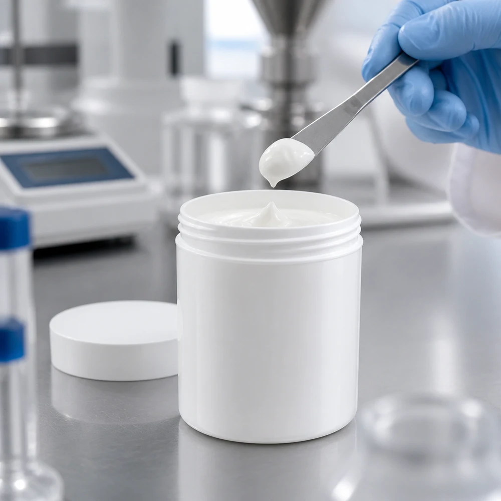 Witte zalfpot van 300 g, geschikt voor farmaceutisch gebruik, met schroefdeksel voor het veilig bewaren van crèmes
