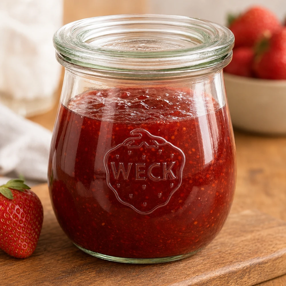 WECK tulpenpot 220ml gevuld met aardbeienjam op een houten plank met verse aardbeien op de achtergrond