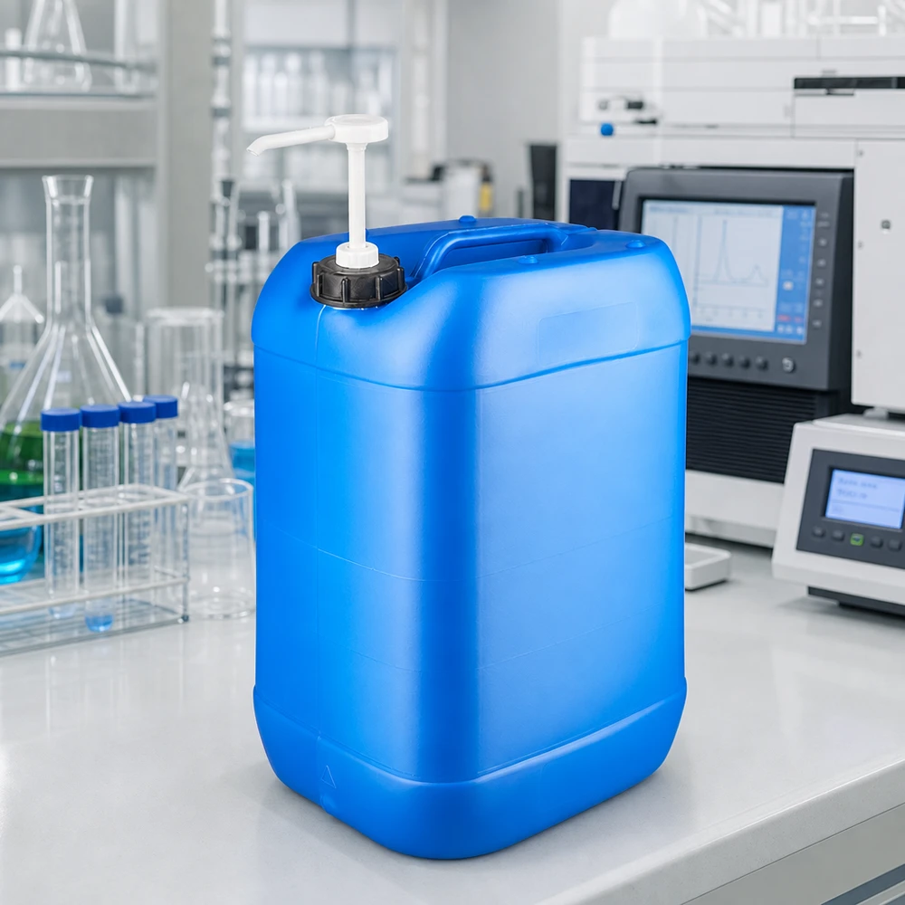 Stevige blauwe jerrycan van 25 liter met doseerpomp voor het veilig afnemen van vloeistoffen in het laboratorium