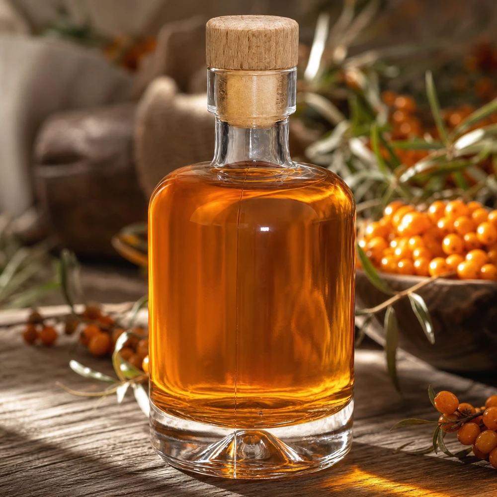 50 ml glazen fles Amelie gevuld met duindoornolie tussen oranjekleurige duindoornbessen op natuurlijke wijze gedecoreerd